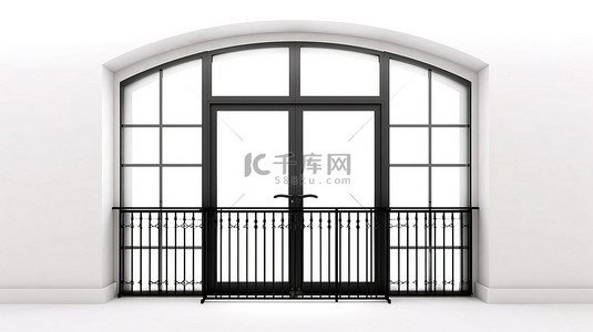 黑色金属塑料 PVC 制成的白色背景阳台门窗的 3D 渲染