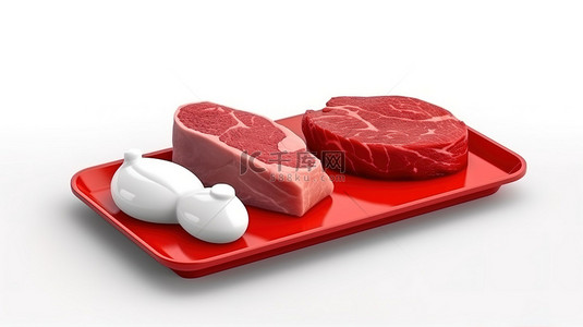 美食图标背景图片_白色背景上红色的微型牛排和鸡肉的 3d 单色平面图标