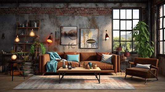 舒适的棕色皮革沙发和装饰品为阁楼客厅内部 3D 渲染增添了现代复古气息