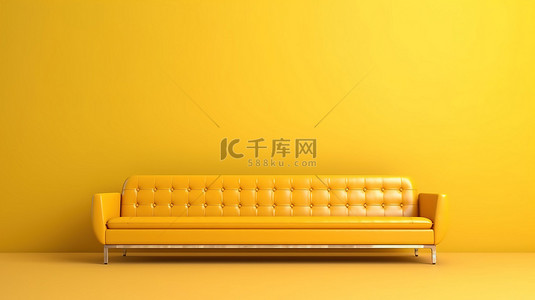 皮革沙发背景图片_时尚光芒四射的黄色皮革沙发单独站立在 3D 呈现的充满活力的黄色背景上