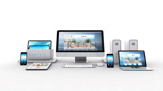 白色背景的 3D 渲染，具有无线家庭气候控制系统，可通过笔记本电脑平板电脑和手机操作