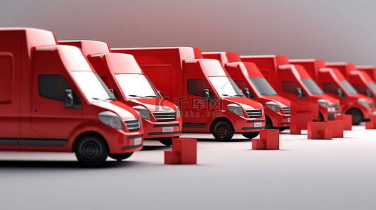 东风商务车背景图片_充满活力的红色商务车和一组 3D 渲染的白色卡车