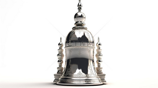 一座历史悠久的修道院的大银钟呈现在 3D 渲染的白色背景上