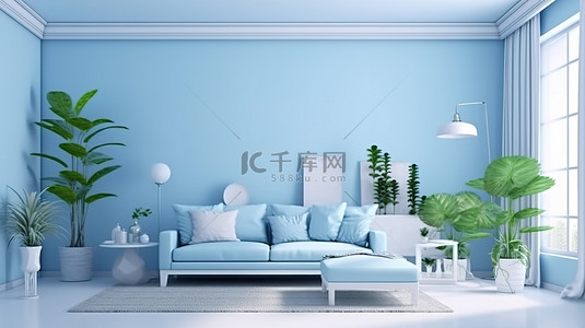 灯具背景图片_装饰精美的浅蓝色客厅的 3D 渲染，装饰着茂盛的植物和时尚的灯具