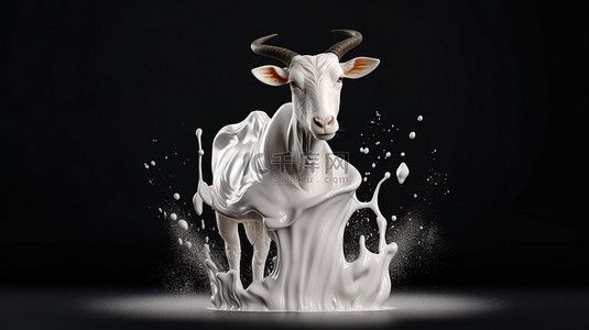 山羊形 3D 渲染的流动牛奶代表喝牛奶的力量