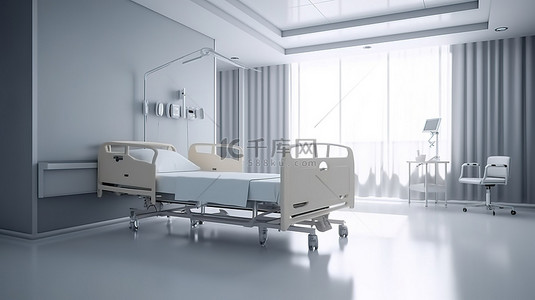 带床和呼吸机的住院室 3D 渲染医院内部