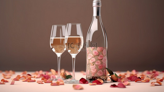 酒背景图片_玫瑰花瓣眼镜和香槟瓶与模型海报的 3D 渲染