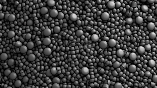 从顶部观看背景的聚合物颗粒和黑珠的 3D 插图