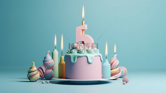 蛋糕背景图片_蓝色背景上带有 3 号蜡烛和复制空间 3d 渲染的柔和生日蛋糕派对