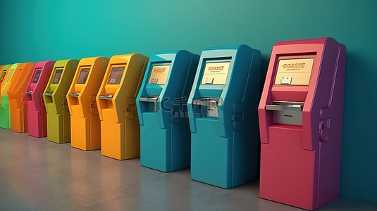 3D 渲染中充满活力的 ATM 机阵列