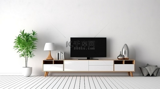 电视柜背景图片_现代电视柜配有时尚的木制梳妆台和电视机，配有干净的白色背景 3D 渲染