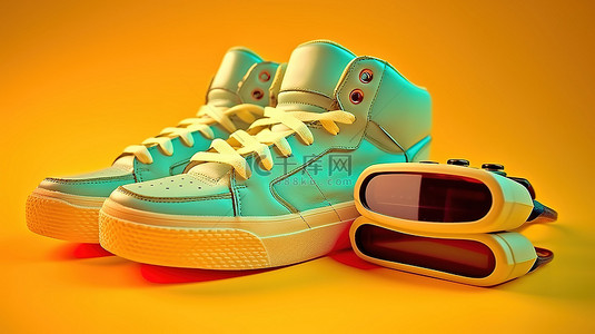 视频背景图片_复古运动鞋和带有红蓝镜片滑板的 3D 眼镜，大胆的黄色背景