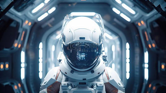 科技全球背景图片_高级宇宙飞船内部 3d 插图中的唯一宇航员