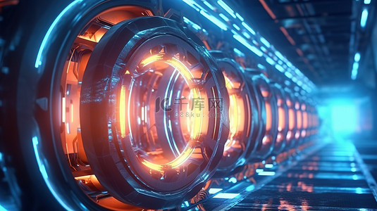外星飞船通过发光等离子发动机管隧道巡航的 3D 渲染