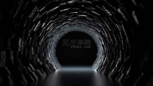 3d 渲染中的黑色石头，隧道尽头有发光的光