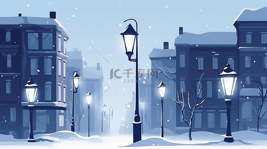 夜晚雪地背景图片_冬季城市路灯雪地夜晚背景