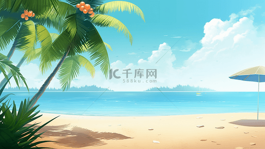 夏日沙滩背景图片_夏日海滩椰树插画背景