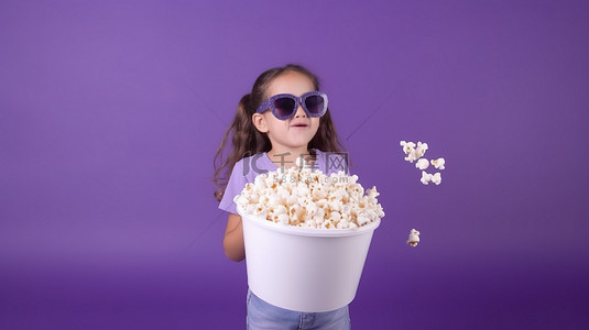 年轻人站在纯紫色背景旁，戴着 3D 眼镜，手里拿着一大罐爆米花