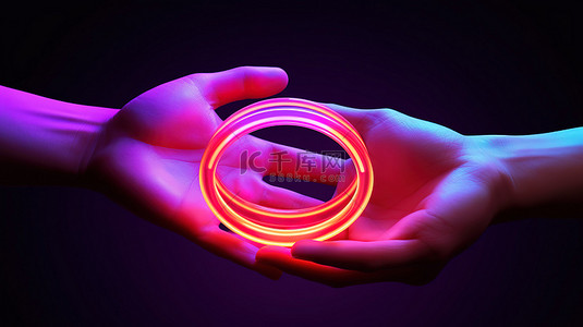 手环背景图片_带霓虹灯环和手的 3D 插图产品展示