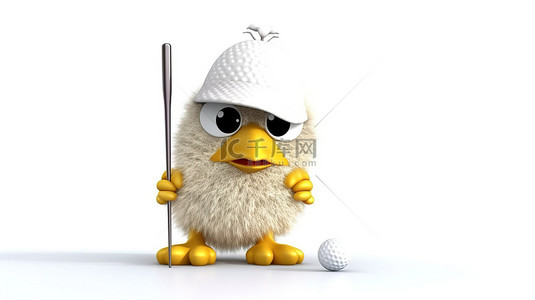 3d 渲染可爱的小鸡作为白色背景的高尔夫球手