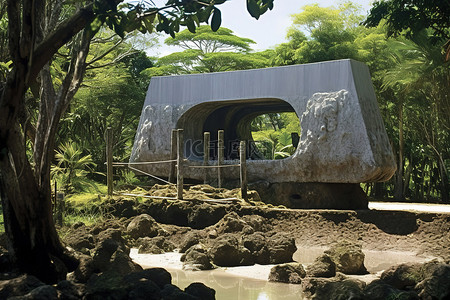 一座小石桥，上面有一块牌匾，俯瞰着丛林