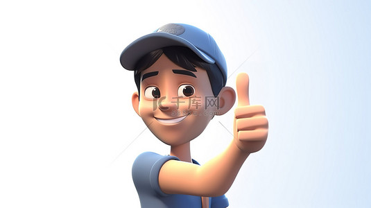 成功的亚洲人在 3D 渲染中竖起大拇指，代表好运胜利和可爱