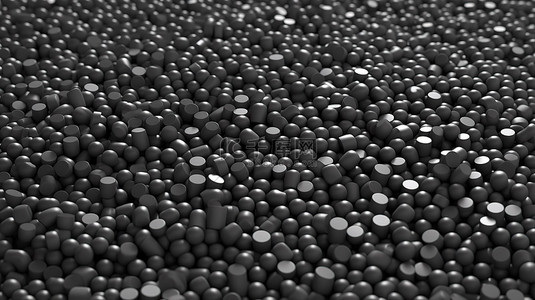 房顶部背景图片_灰色塑料颗粒背景顶部视图上带有黑色珠粒的聚合物托盘的 3D 插图
