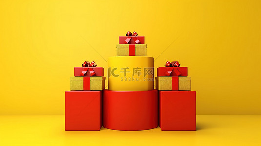 背景红色盒子背景图片_黄色背景，带有悬浮礼物 3D 渲染的红色盒子和黄色蝴蝶结，非常适合文本放置