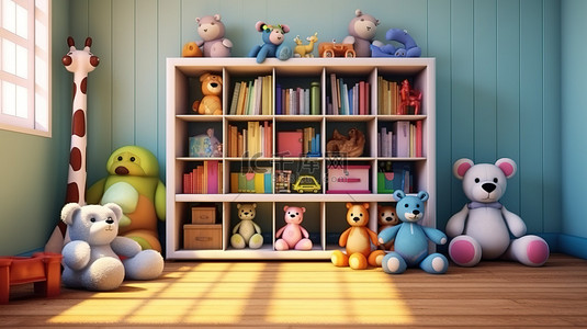 玩具背景图片_3D 渲染插图，展示了一个俏皮的儿童房，里面有可爱的毛绒动物玩具