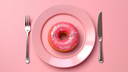 美味的草莓蛋糕背景图片_美味的草莓粉红色釉面甜甜圈，带有叉子和刀，从上面捕获粉红色背景 3D 渲染