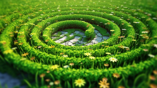 套圈游戏背景图片_螺旋花园的 3D 渲染，具有抽象设计的生机勃勃的绿草和盛开的花朵