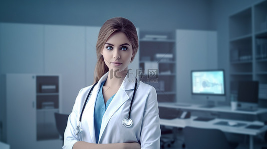 健康艺术字背景图片_自信的女医生在办公桌前摆出令人惊叹的 3D 合成图像