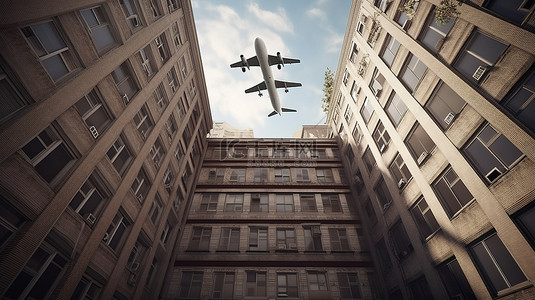 飞机窗背景图片_飞行中的飞机 3d 渲染的飞机在城市景观上空翱翔