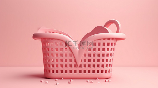 风扇商城背景图片_简约风格情人节销售概念，粉红色购物篮和心形漂浮在柔和的背景上 3D 渲染
