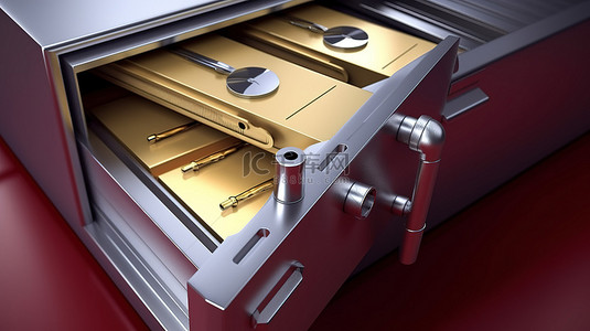 安全存储在银行存款箱中的办公室活页夹文件夹的特写 3D 渲染