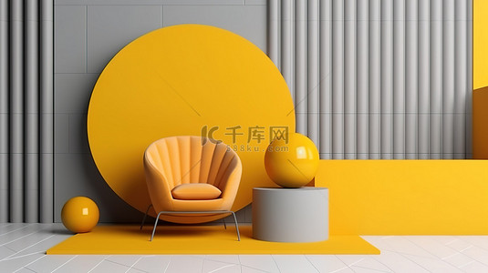 最小几何时尚工作室灰色抽象模型，讲台平台上配有黄色扶手椅，以 3D 渲染
