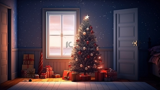 温馨蓝背景图片_温馨的房间敞开着门，装饰着圣诞树和礼物 3D 渲染