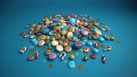 糖果派对背景图片_蓝色背景下 3d 渲染模式的圣诞糖果
