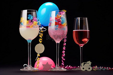 三杯香槟，配有派对装饰和红气球