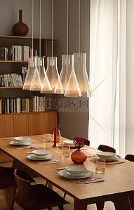 餐厅灯光背景图片_一间配有木桌玻璃和灯的餐厅