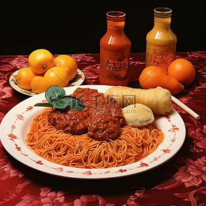 沙拉背景图片_一张橙色的桌子，上面有意大利面条和鸡肉
