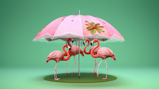 3D 渲染的火烈鸟漂浮在柔和的绿色背景上，带雨伞，非常适合夏季和旅行