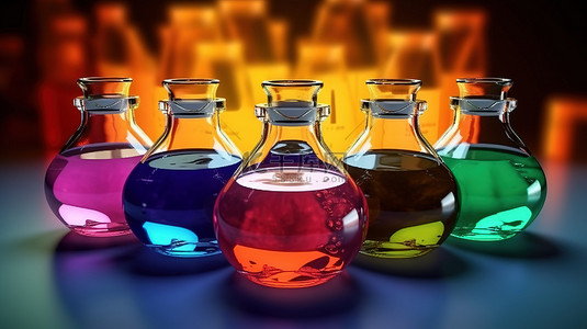 化学容器中各种彩色液体的化学实验室实验的 3D 渲染