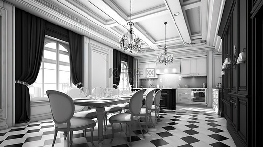 永恒的优雅 3D 渲染黑白厨房和餐厅内部