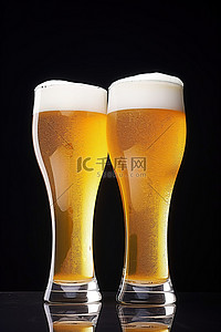 两个啤酒杯，边缘装满啤酒