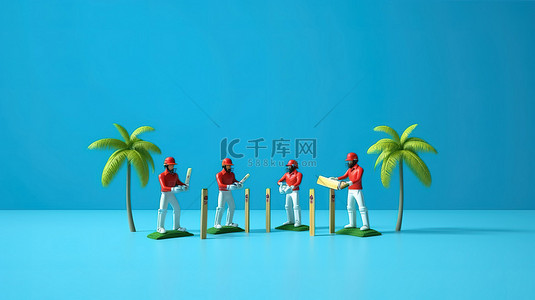 3D 渲染板球比赛英格兰 vs 西印度群岛，蓝色背景上有锦标赛装备，文字空间