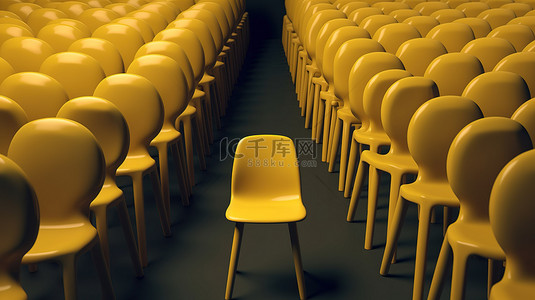 明亮的黄色椅子在人群中脱颖而出，这是商业 3d 渲染插图中招聘和招聘的视觉表现
