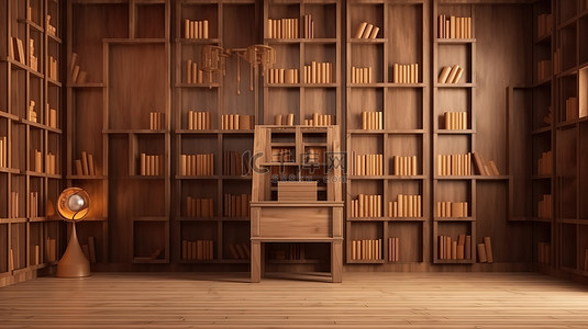 讲台发言背景图片_学校主题 3d 背景渲染，带有 2 个装满课本的书架和一个木制讲台