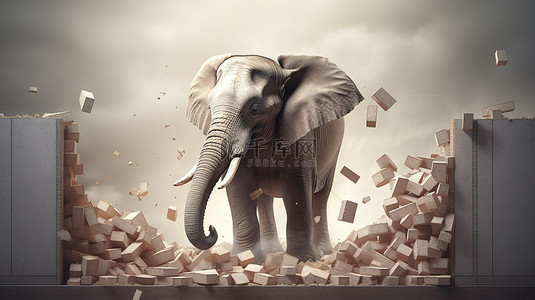 强大的大象拆除代表力量力量的墙壁，具有充足的复制空间 3D 再现
