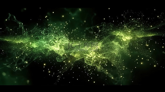 充满活力的绿色火花明亮的粒子在黑暗背景 3D 渲染上点燃